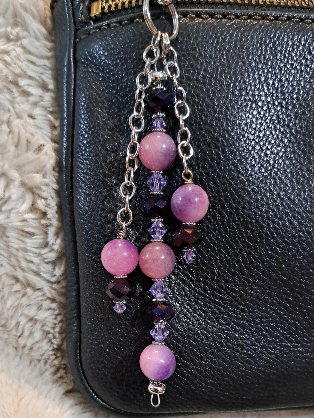 Hand Crafted Purple & Pink Beaded Dangle Bag Purse Charm Jewelry